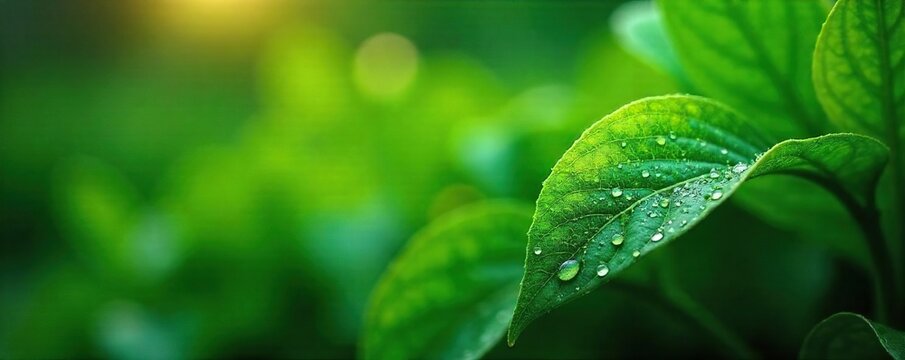 Fototapeta Close-up of dewy leaves, glistening with morning moisture, lush green foliage, soft light Perfect for nature, spring, or environmental themes , ecology, earthy, plant
