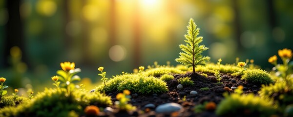 Bright Conifer Sapling Growing Among Green Moss and Flowers
