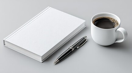 3d rendering of a white notebook and pen on a table with a coffee cup, isolated mockup, top view angle. 
