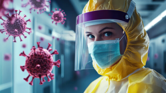 Healthcare worker in protective gear during infectious disease outbreak in a medical facility