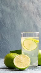 Fototapeta premium Chilled lime juice in clear tumbler, citrus beside and blank side space for detox message