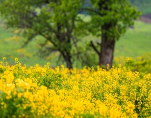 Fototapeta premium A vibrant field of yellow wildflowers with blurred trees in the background