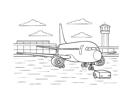 Airplane on Runway &ndash; Airport Scene Coloring Page for Kids