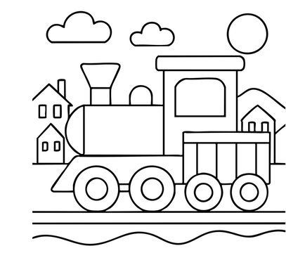 Steam Train Line Drawing &ndash; Black and White Coloring Page for Kids