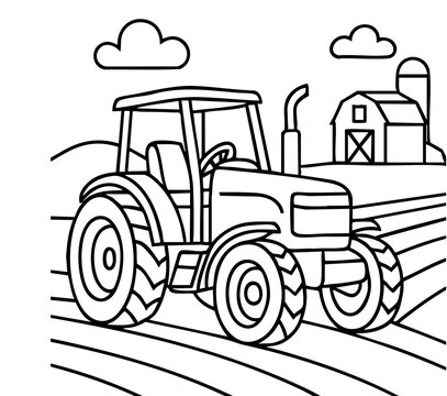 Countryside Tractor Scene &ndash; Kids Coloring Page with Barn and Clouds