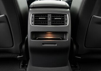 A detailed shot of the rear air conditioning vents and a small storage compartment in a modern car's interior.