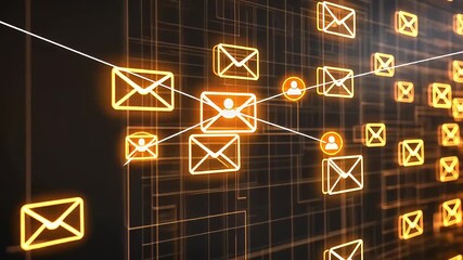 Glowing Orange Email Envelopes Connected By Lines on a Black Grid Background - Powered by Adobe
