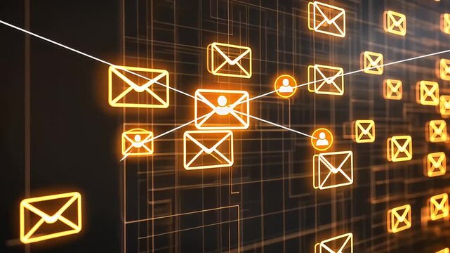 Glowing Orange Email Envelopes Connected By Lines on a Black Grid Background