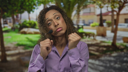 Fototapeta premium Woman with headset microphone raising fists and making crying grimace on street beside green foliage; frustration.