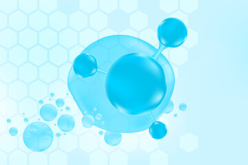 Light blue hyaluronic acid serum molecule icon, collagen water drop. Cosmetology honeycomb cell texture. Liquid glowing watercolor gradient background for beauty treatment, moisturizing skin care