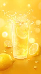 Delicious lemon drink with glowing light, smooth background and open margin for product branding