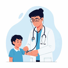 A friendly pediatrician uses a stethoscope to check the heartbeat of a young boy during a checkup, creating a calm and caring atmosphere.