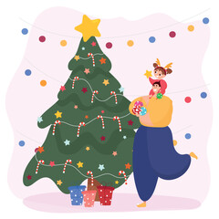 Father and daughter decorate the Christmas tree
