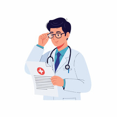 A thoughtful male doctor in a white coat reviews medical charts, adjusting his glasses in a serious yet hopeful mood.