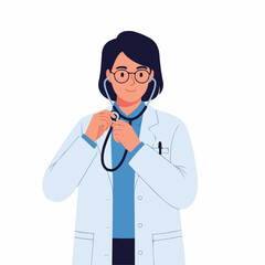 Fototapeta premium A friendly female doctor adjusts her stethoscope, ready to provide compassionate healthcare, conveying a sense of hope and well-being.