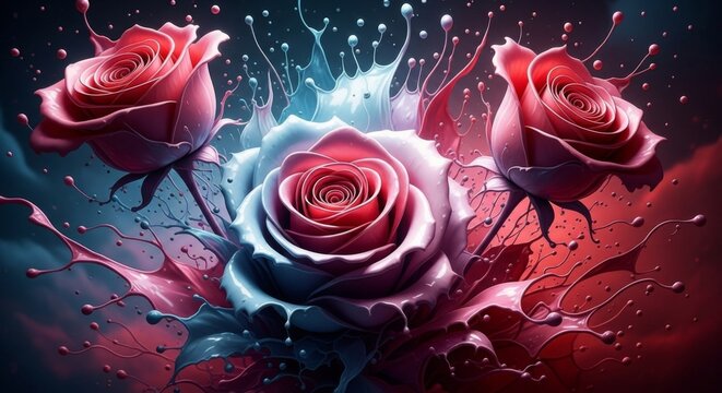 Artistic rendering of three roses, with water splashes in vibrant colors, creating a captivating visual effect. - Powered by Adobe