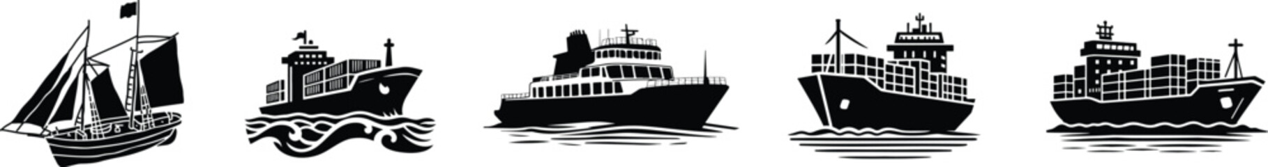 Obraz premium Ship and marine boat set water transport symbol. vessels for travel and transportation set of ship at sea, sail boats, yacht, passenger craft, cruiser and cargo ships Warship navy silhouettes set