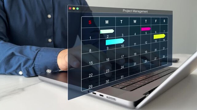 Project manager updating tasks and milestones progress planning with calendar interface for company.Business Project Management System.	