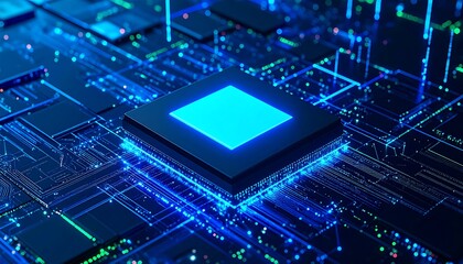 Abstract circuit board with glowing central processor