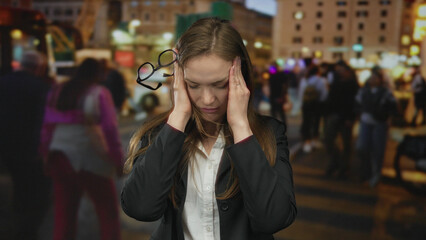 Woman pressing her temples with both hands as her glasses dangle beside her on a crowded illuminated city street at night; anxiety.
