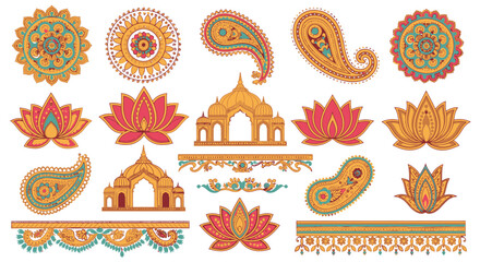 Collection of ornate paisley, lotus flower, and architectural motifs in gold, teal, and pink.