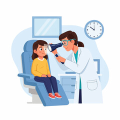 A female doctor examines a young girl's eyes with a flashlight in a calm and caring medical office setting.