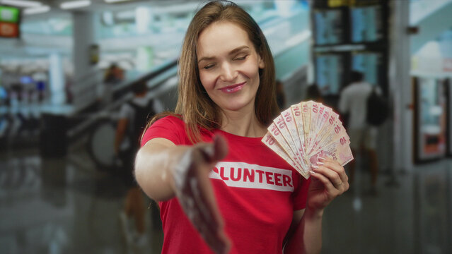Woman volunteer extends hand to camera while holding fan of turkish lira banknotes in busy airport terminal; generosity.