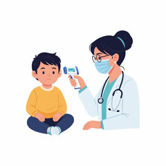 A masked doctor uses a contactless thermometer to check the temperature of a concerned-looking young boy during a health checkup.