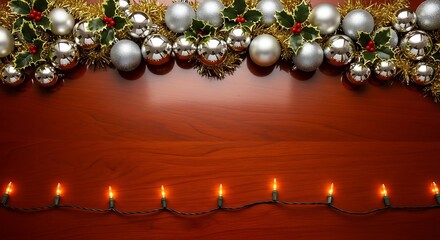 Festive holiday border with silver ornaments, holly, gold tinsel, and warm string lights on wood