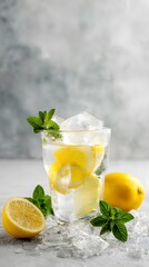 Fototapeta premium Elegant lemonade in glass bottle with lemon slices inside, bright table and clean top-left corner