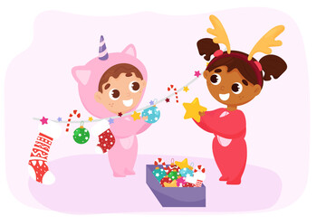 Multiethnic kids making Christmas decoration