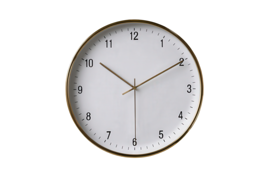 White Analog Clock with Gold Frame on Transparent Background
