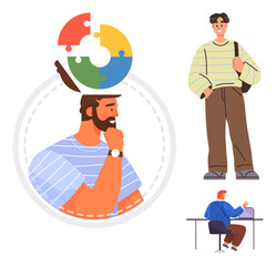 Person pondering with puzzle icons above their head, casual-standing figure, and seated individual working on a laptop. Ideal for problem-solving, teamwork, focus, learning, creativity