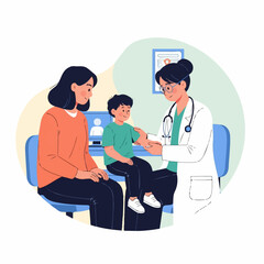 Fototapeta premium A young boy sits with his mother while a doctor examines his arm during a checkup in a calm and reassuring doctor's office.