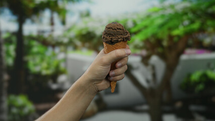 Hand holding chocolate ice cream cone in sunny park setting surrounded by lush greenery outdoor enjoying summer treat man visible caucasian male nature background vibrant scene