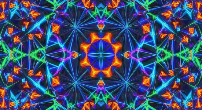 Symmetrical abstract pattern with vibrant neon colors, geometric shapes, and intricate details.