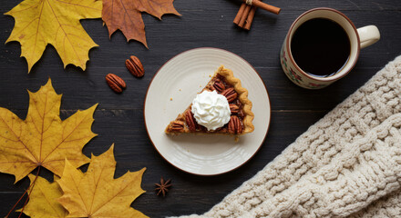 Cozy flat lay of a perfect Thanksgiving celebration: a slice of pecan pie with whipped cream, a steaming mug of coffee, fallen maple leaves, and a soft knitted blanket on a dark wooden background