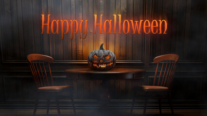 Halloween celebration setup featuring carved pumpkin and spooky decor in dimly lit room