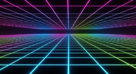 A vibrant, colorful, neon-lit perspective grid, creating a futuristic, digital landscape.