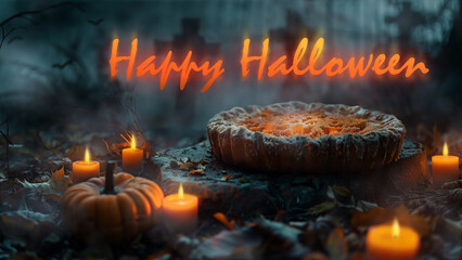 Spooky Halloween setting with carved pumpkin, candles, and pumpkin pie among gravestones in a misty atmosphere
