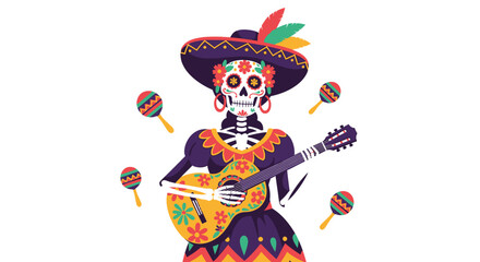 Naklejka premium Vibrant Calavera Skeleton Musician in Ornate Sombrero with Feathers, Playing Floral Guitar, Surrounded by Maracas