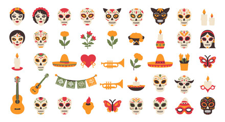 Obraz premium Vibrant Day of the Dead Sugar Skull and Cultural Icon Collection