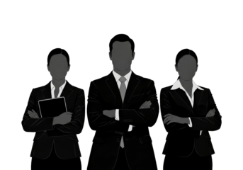Minimalist illustration of a confident business team of three professionals in suits, with their arms crossed, ready for a presentation or corporate project