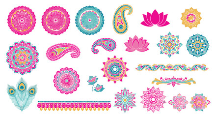 Vibrant Indian Ethnic Design Elements Set with Mandalas, Paisley, Lotus, and Peacock Feathers