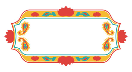 Vibrant Indian truck art style frame with red lotus flowers and yellow paisley motifs.