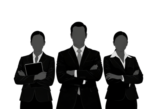 Minimalist illustration of a confident business team of three professionals in suits, with their arms crossed, ready for a presentation or corporate project