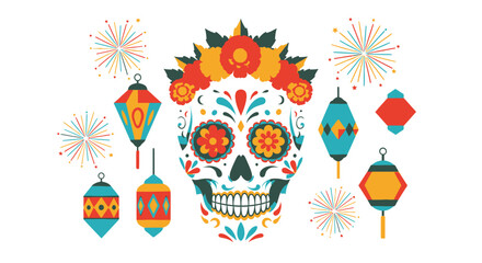 Vibrant Sugar Skull Decorated with Flowers and Festive Lanterns