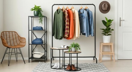 Clothes Rack with Stylish Outfit and Interior Design Details | Modern Home Decor for Fashion Bloggers and E-Commerce