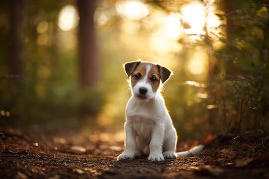 Adorable Jack Russell puppy sits on forest path, bathed in golden sunlight