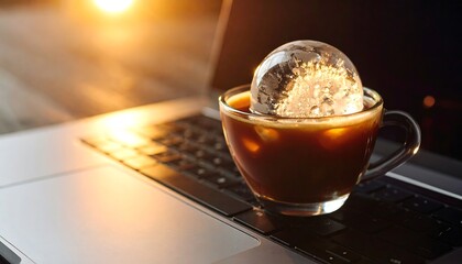 Iced coffee on laptop